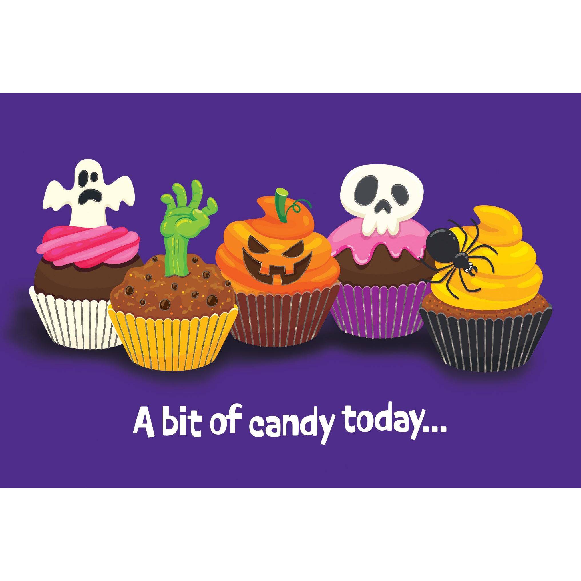 Spooky Cupcakes Halloween Card by Pictura featuring colorful illustrated cupcakes with Halloween-themed decorations.
